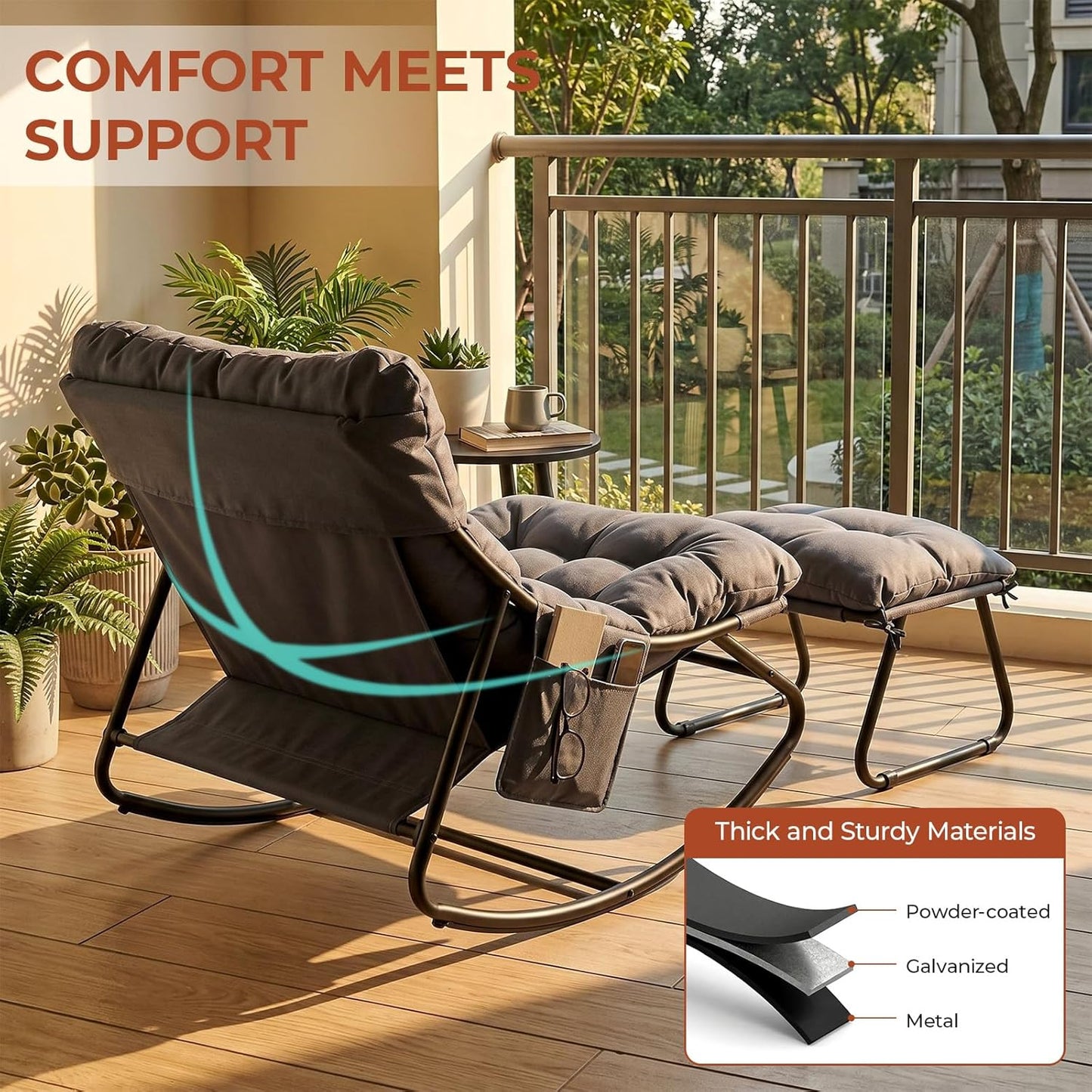 LAZY BUDDY Large Papasan Rocking Chair with Ottoman, Patio Lounge Chair Rocker with 7.4'' Thick Cushion, for Indoor Outdoor Use