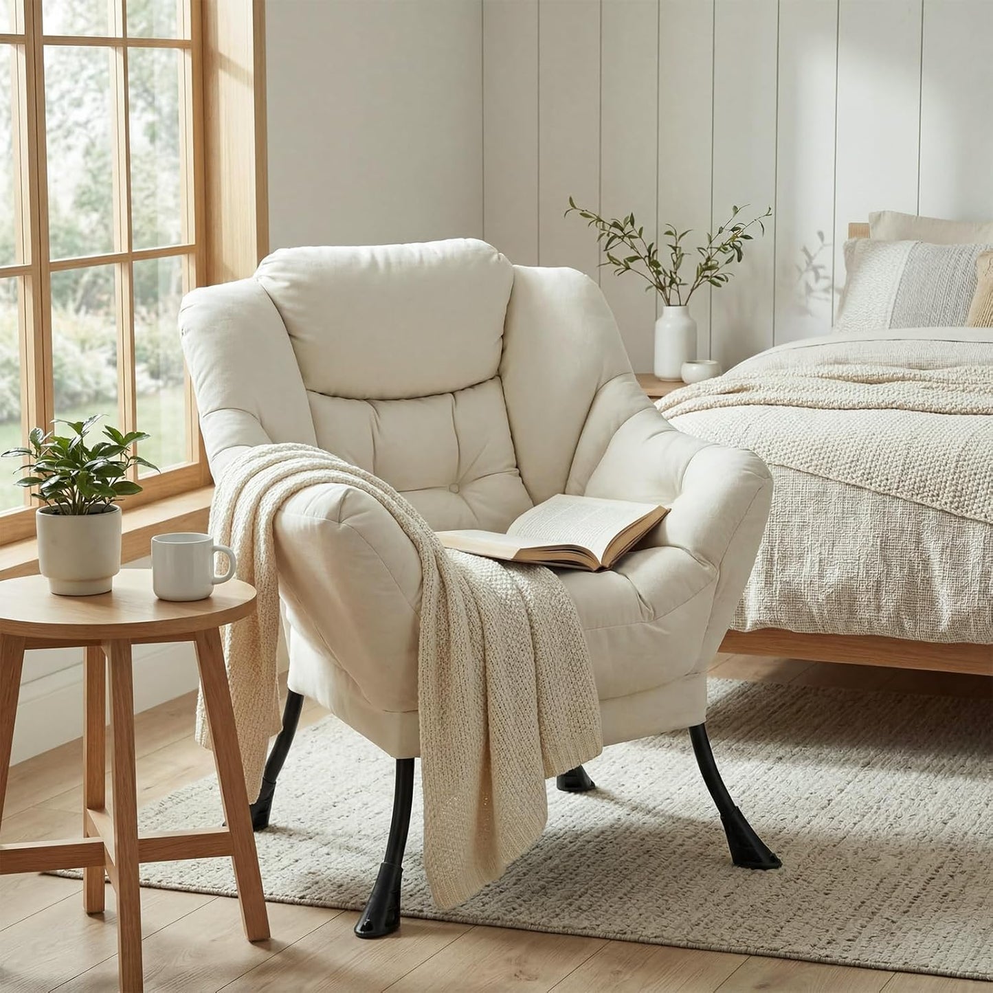 LAZY BUDDY Lazy Chair with Side Pocket, Upholstered Accent Lounge Chair Reading Armchair for Living Room, Bedroom
