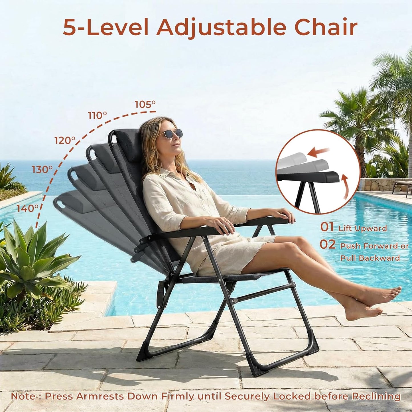 LAZY BUDDY Folding Patio Dining Chairs Set of 2/4 with Armrests, 5-Postion Adjustable Outdoor Chair with Removable Headrest for Deck, Lawn, Garden, Backyard
