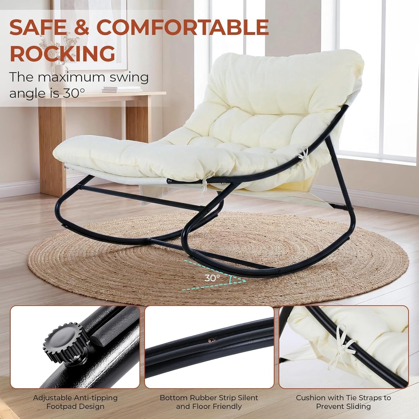 LAZY BUDDY Large Papasan Rocking Chair with Ottoman, Patio Lounge Chair Rocker with 7.4'' Thick Cushion, for Indoor Outdoor Use