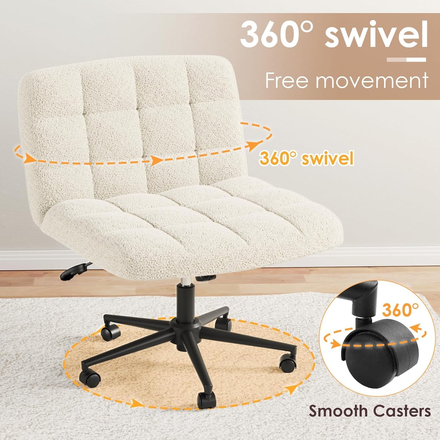 LAZY BUDDY Office Chair, Armless Criss Cross Legged Chair with Wheels, Comfy Home Vanity Task Computer Chair, Adjustable Height