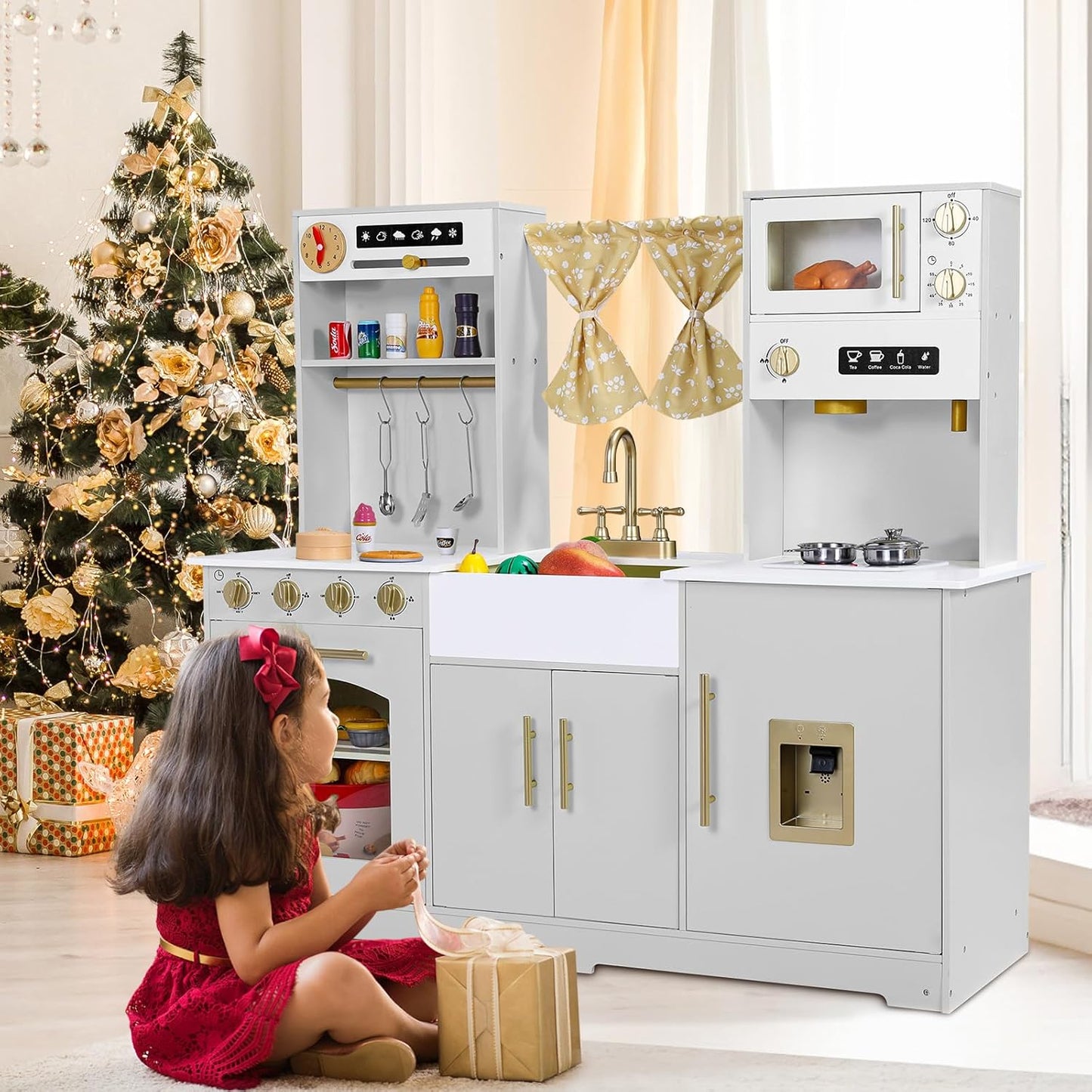 LAZY BUDDY Toddler Play Kitchen, Wooden Kids Kitchen Playset w/Stove, Sink, Microwave, Water Dispenser, Curtain, Gift for Ages 3+