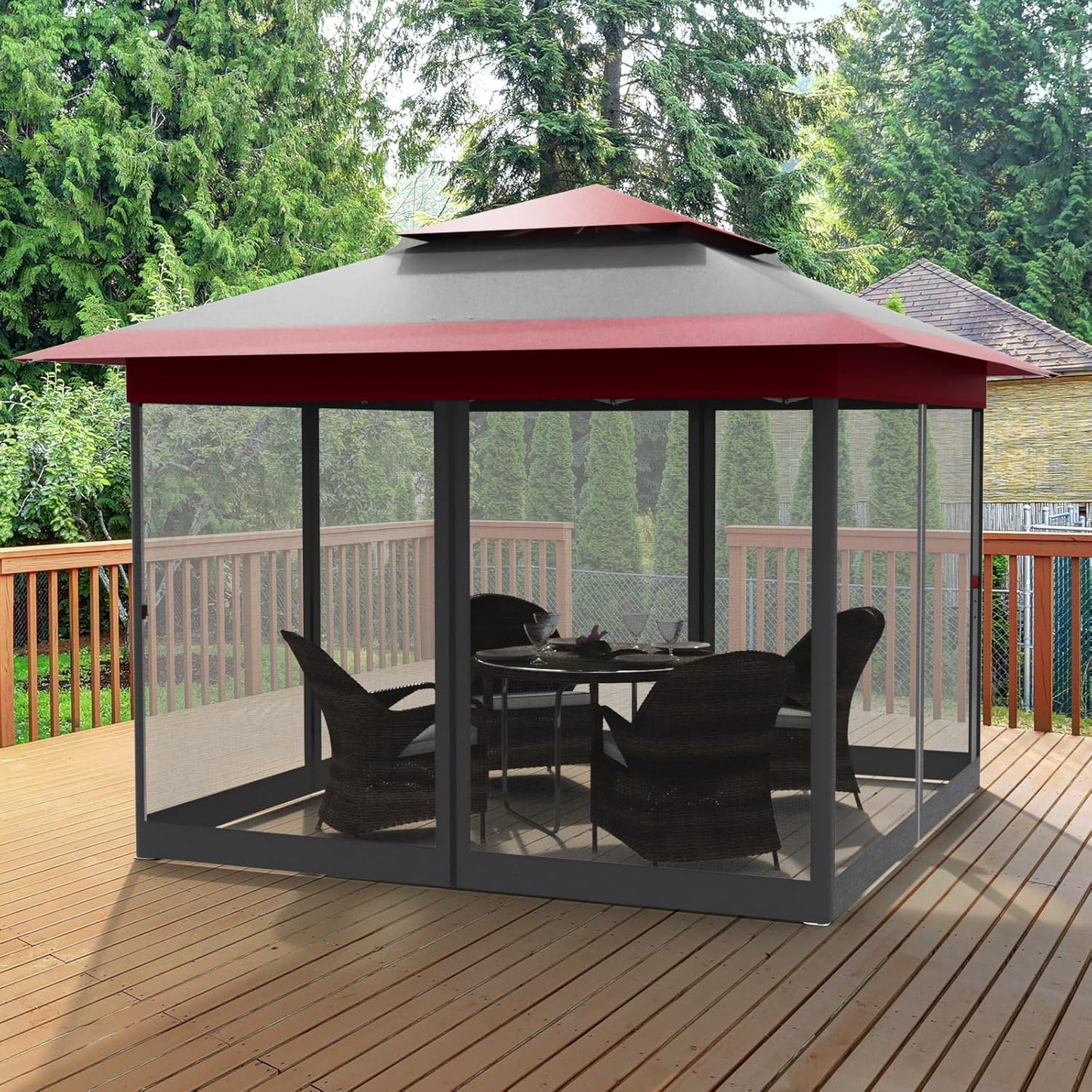 LAZY BUDDY 13ft Pop Up Gazebo, Outdoor Instant Canopy Tent w/4 Netting Sidewall & Auto Extending Eave, Patio Gazebos Shelter w/Mesh Wall, Center Lock, Wheeled Bag for Garden, Yard
