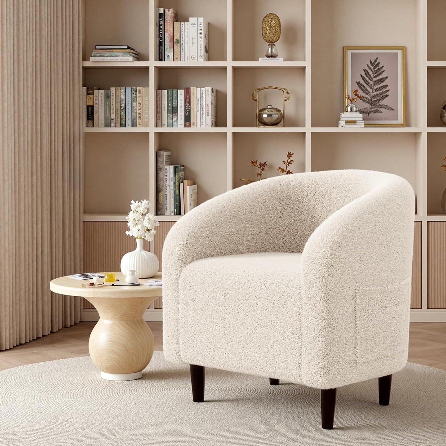 LAZY BUDDY Accent Barrel Chair, Comfy Teddy Fabric Club Chair with Side Pocket, Modern Armchair for Living Room, Bedroom, Office, Reception Space