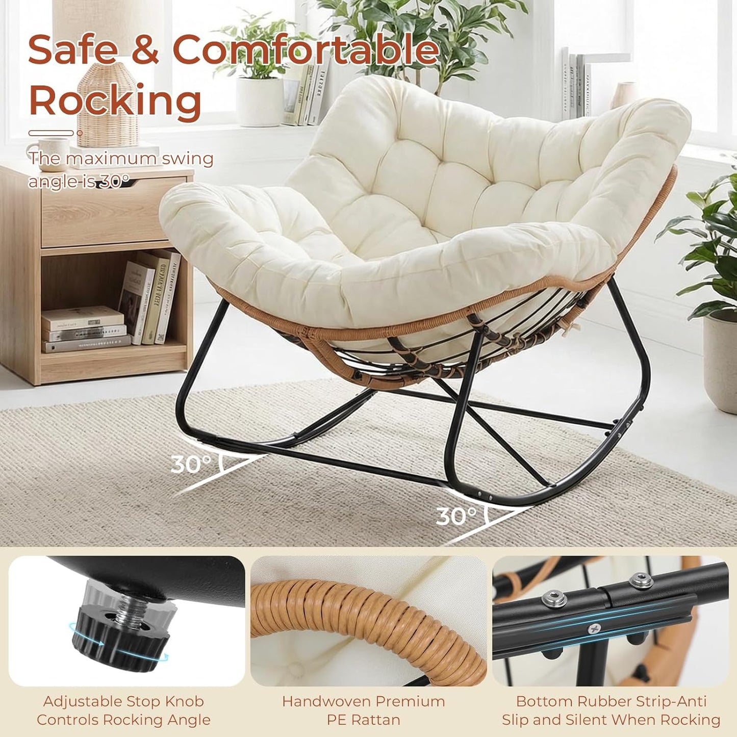 LAZY BUDDY Outdoor Rocking Chair with Ottoman, Oversized Papasan Rocking Chair with Thick Cushion, Indoor Outdoor Cozy Rocker for Balcony, Living Room, Patio