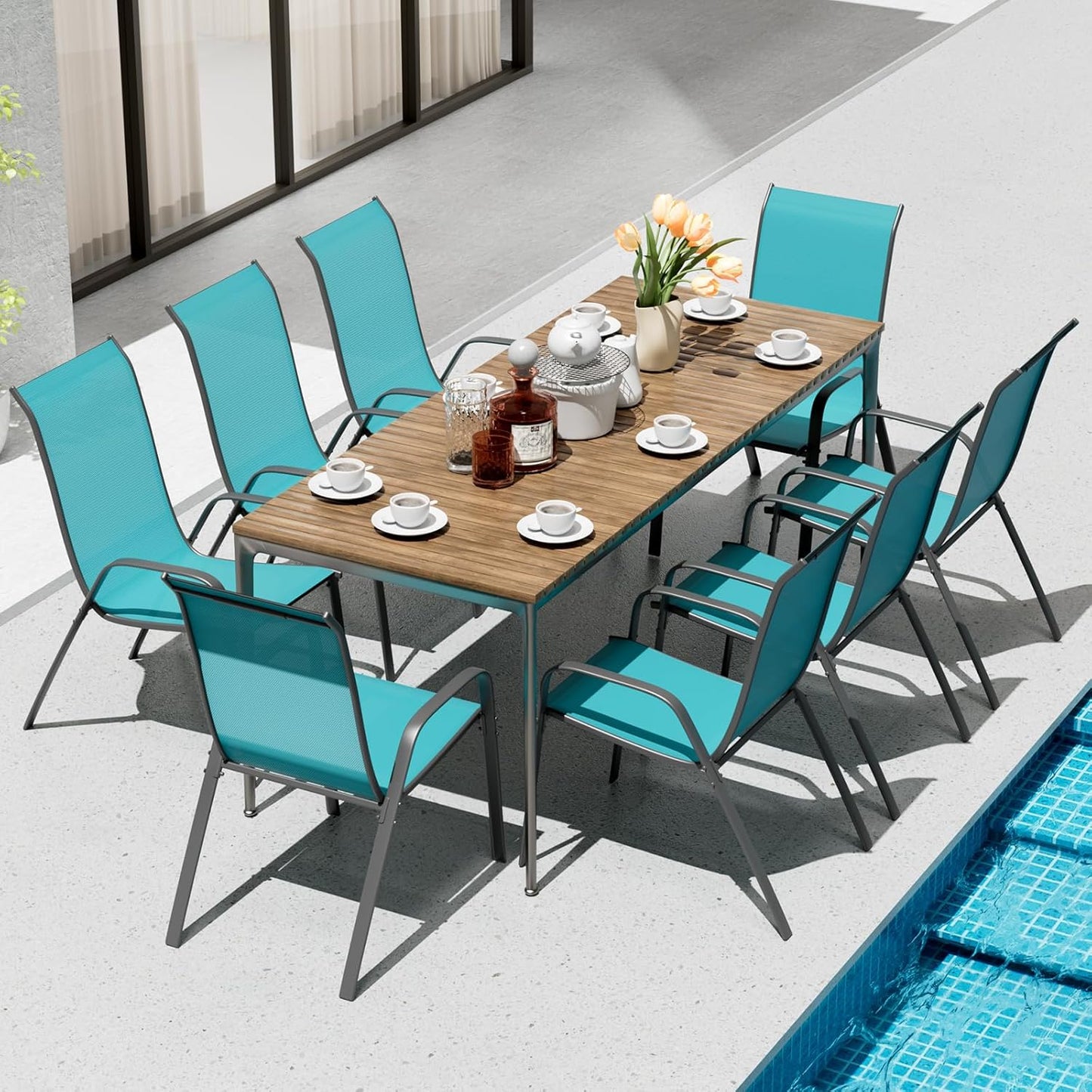LAZY BUDDY Patio Chairs Set of 8, Stackable Textilene Outdoor Dining Chair for All Weather, with 20″ Wide Seat & Metal Frame, for Garden, Backyard, Deck, Restaurant, Poolside