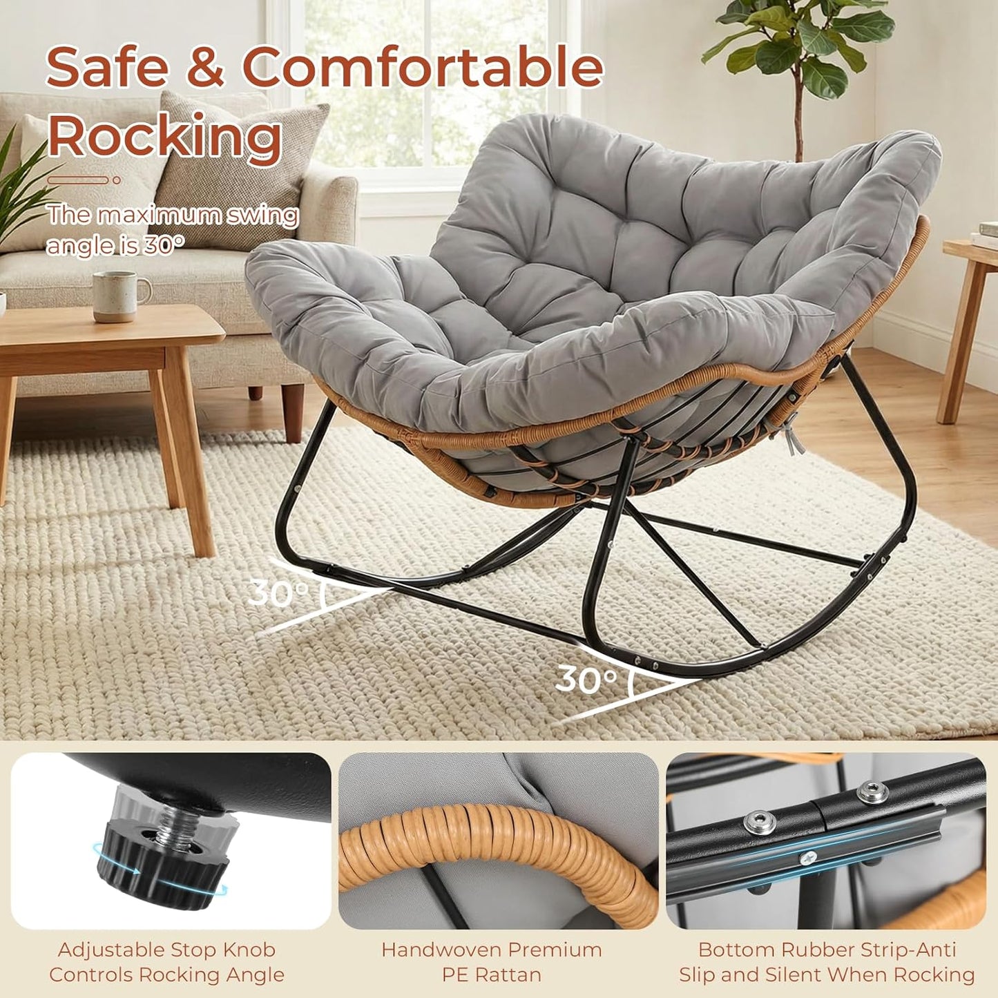 LAZY BUDDY Outdoor Rocking Chair with Ottoman, Oversized Papasan Rocking Chair with Thick Cushion, Indoor Outdoor Cozy Rocker for Balcony, Living Room, Patio