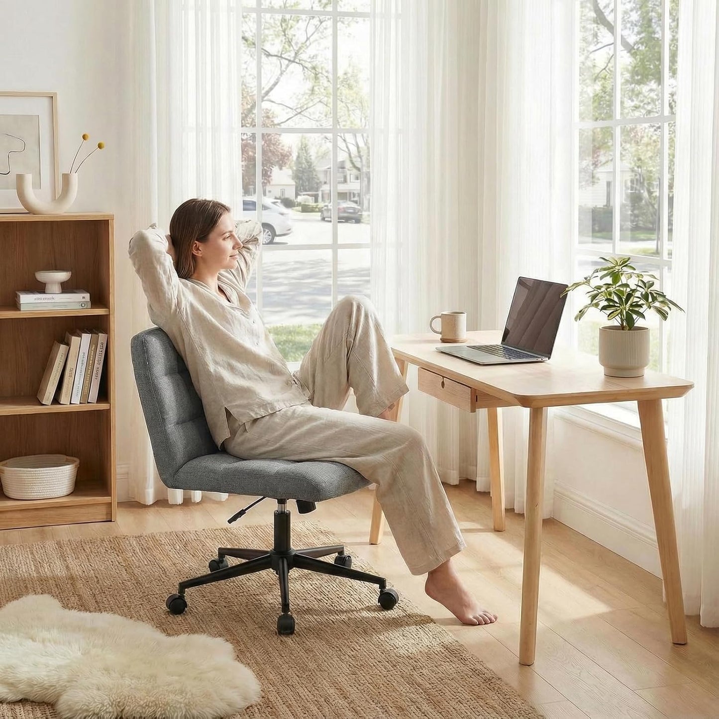 LAZY BUDDY Office Chair, Armless Criss Cross Legged Chair with Wheels, Comfy Home Vanity Task Computer Chair, Adjustable Height
