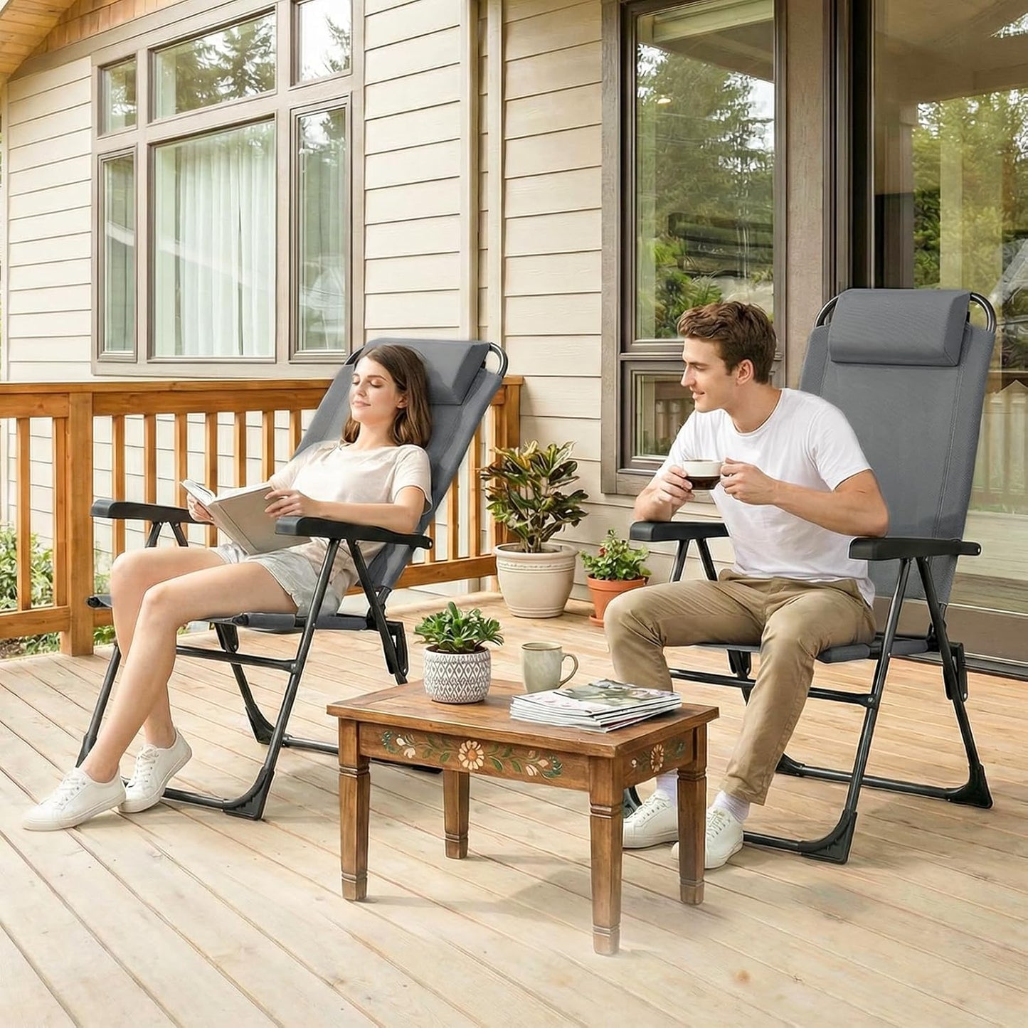 LAZY BUDDY Folding Patio Dining Chairs Set of 2/4 with Armrests, 5-Postion Adjustable Outdoor Chair with Removable Headrest for Deck, Lawn, Garden, Backyard