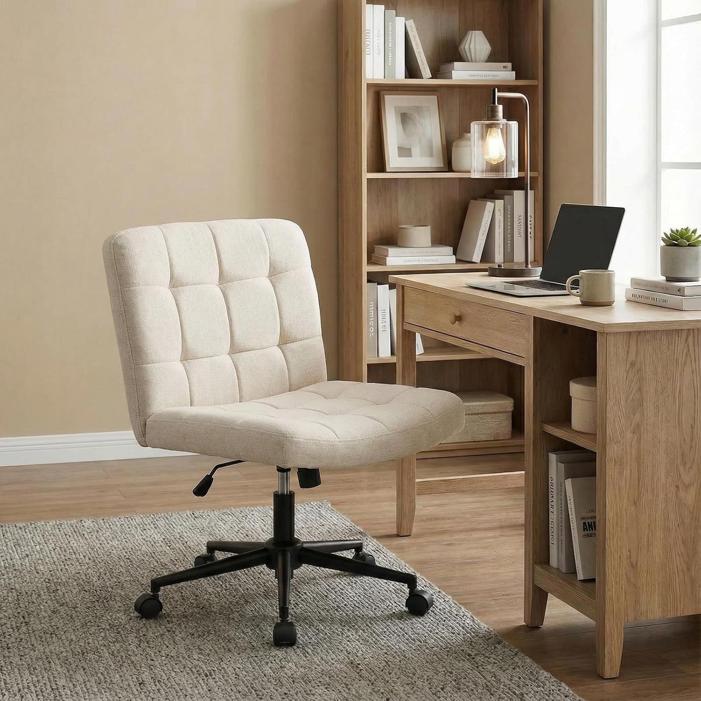 LAZY BUDDY Office Chair, Armless Criss Cross Legged Chair with Wheels, Comfy Home Vanity Task Computer Chair, Adjustable Height