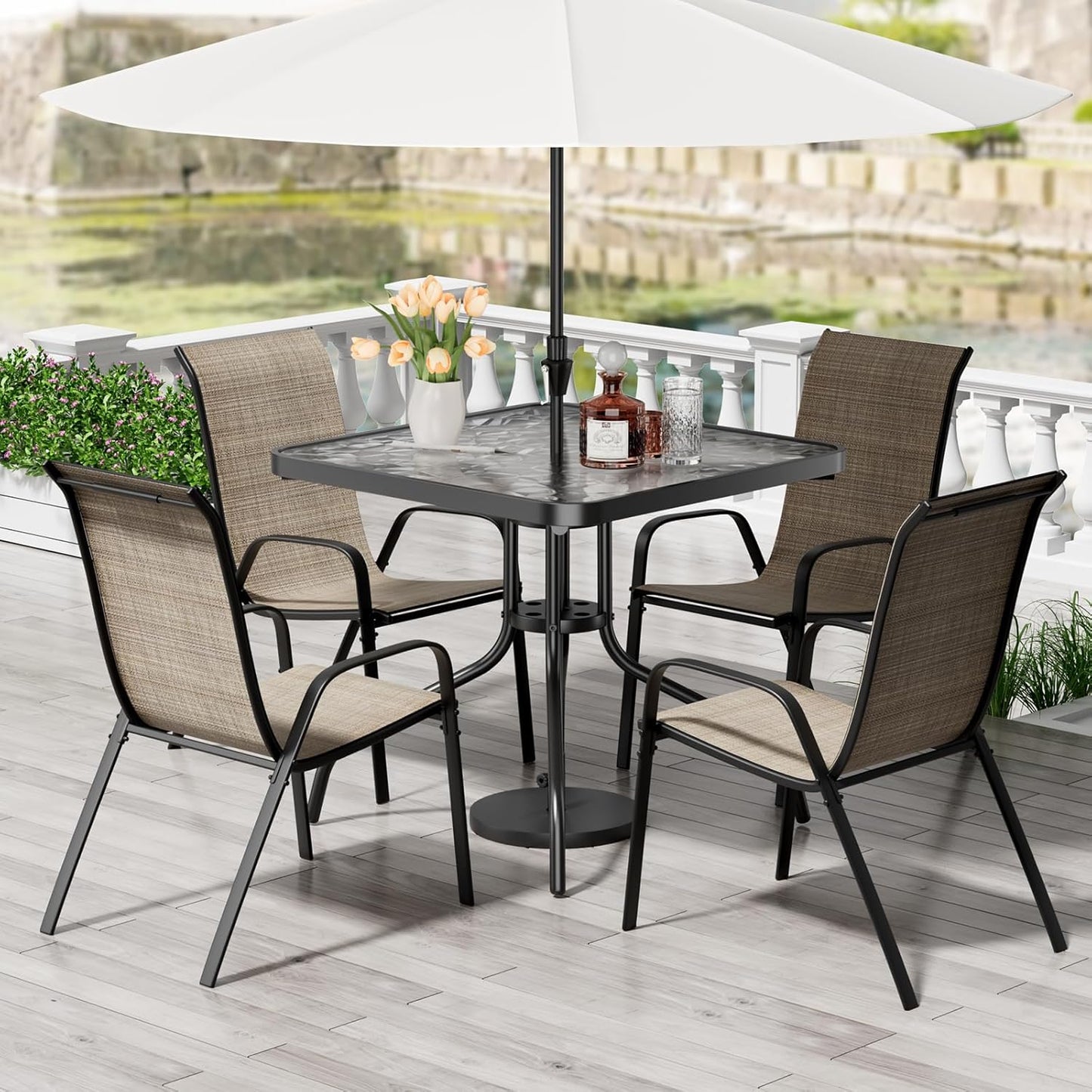 LAZY BUDDY 5-Piece Patio Dining Set, All Weather Outdoor Table with 4 Stackable Chairs for Garden Backyard Deck