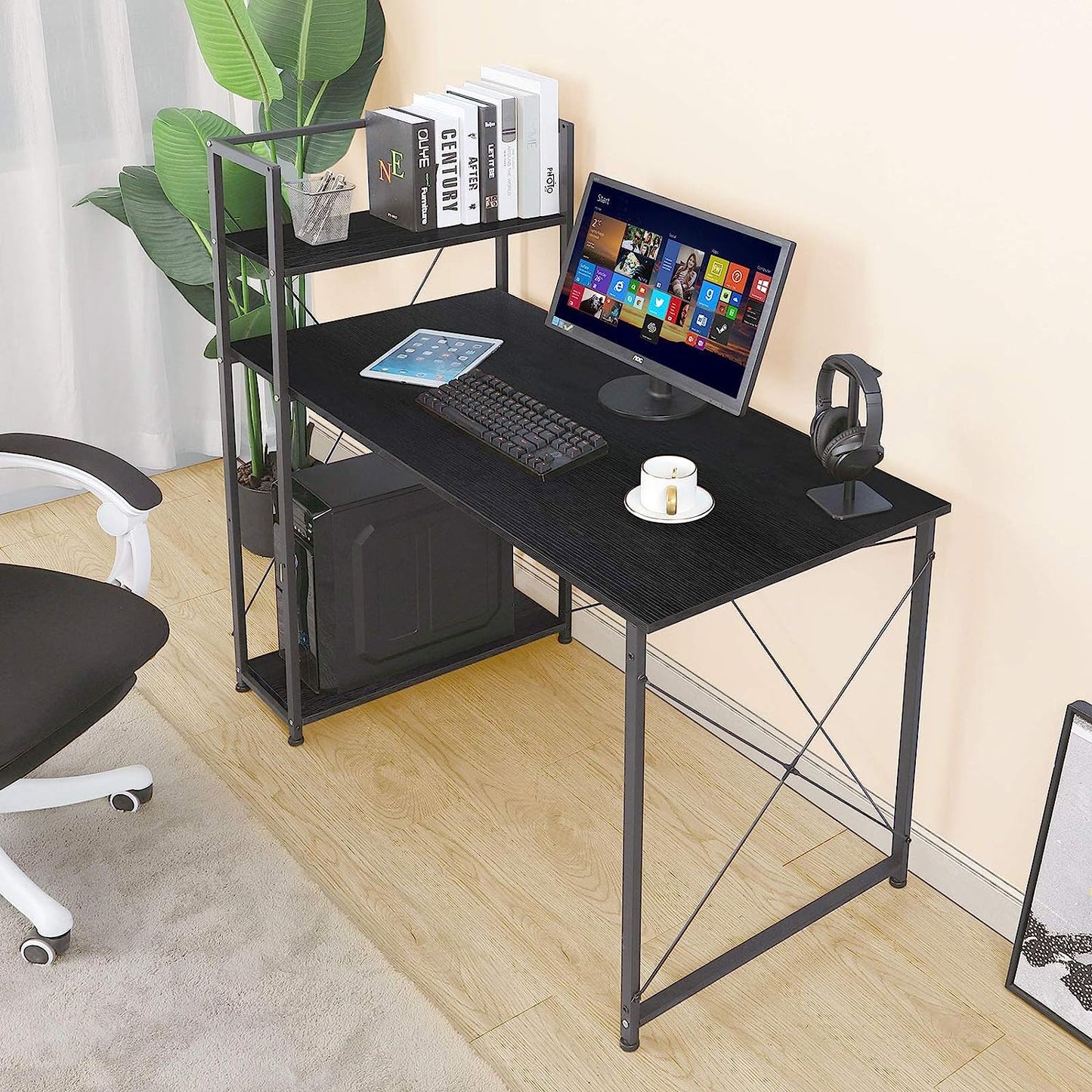 LAZY BUDDY 47'' Computer Desk with 4-Tier Storage Shelves Home Office Desk Studying Writing Table Workstation