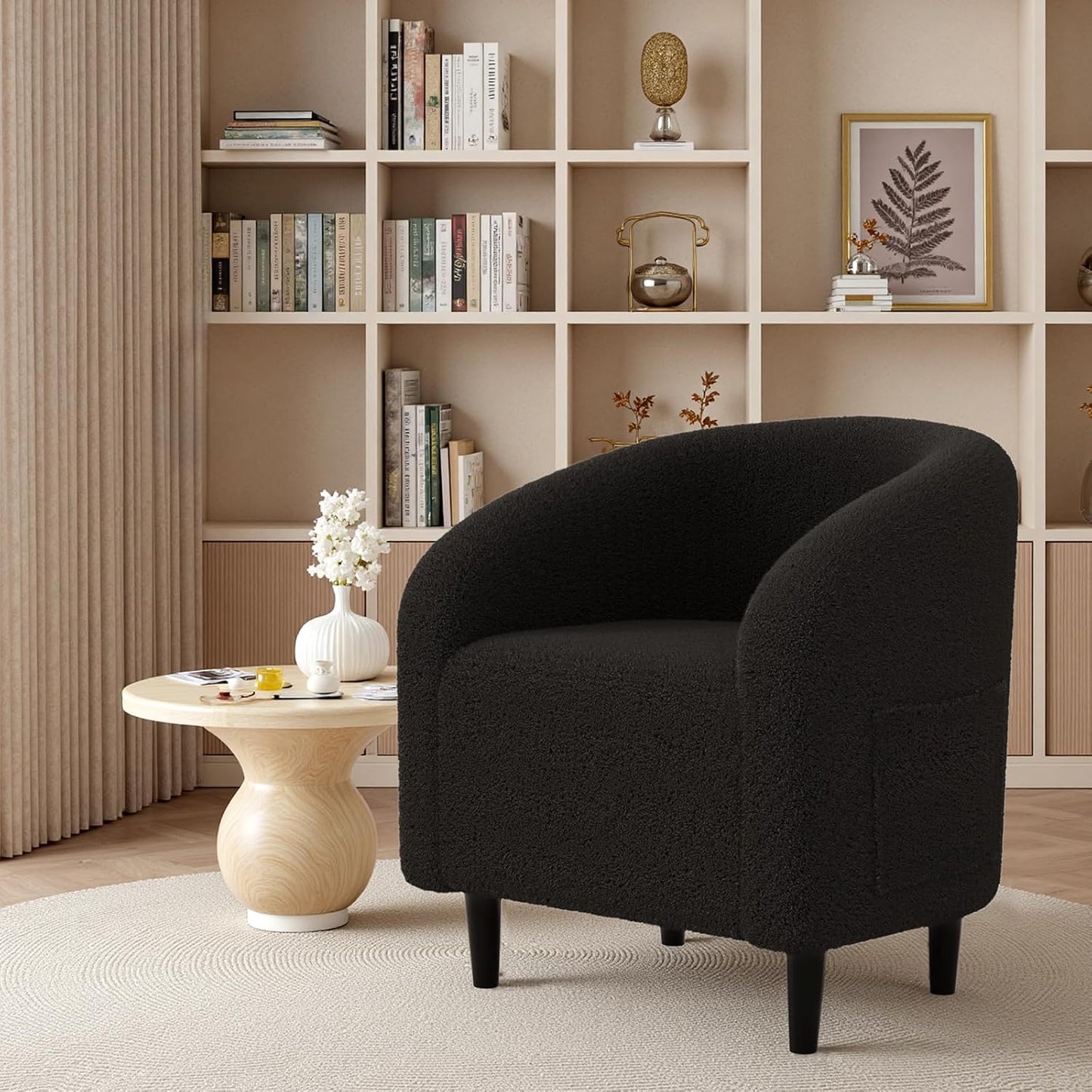 LAZY BUDDY Accent Barrel Chair, Comfy Teddy Fabric Club Chair with Side Pocket, Modern Armchair for Living Room, Bedroom, Office, Reception Space