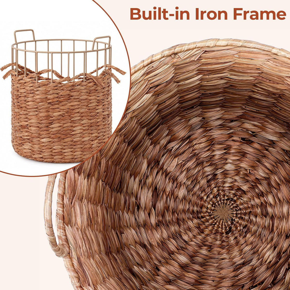 LAZY BUDDY 2-Piece Round Nesting Storage Baskets with Handles, Handwoven Water Hyacinth Laundry Basket, Storage Organizer for Bedroom, Living Room, Bathroom