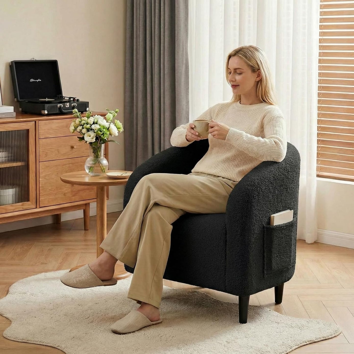 LAZY BUDDY Accent Barrel Chair, Comfy Teddy Fabric Club Chair with Side Pocket, Modern Armchair for Living Room, Bedroom, Office, Reception Space