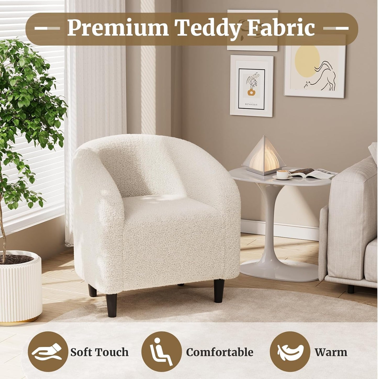 LAZY BUDDY Accent Barrel Chair, Comfy Teddy Fabric Club Chair with Side Pocket, Modern Armchair for Living Room, Bedroom, Office, Reception Space