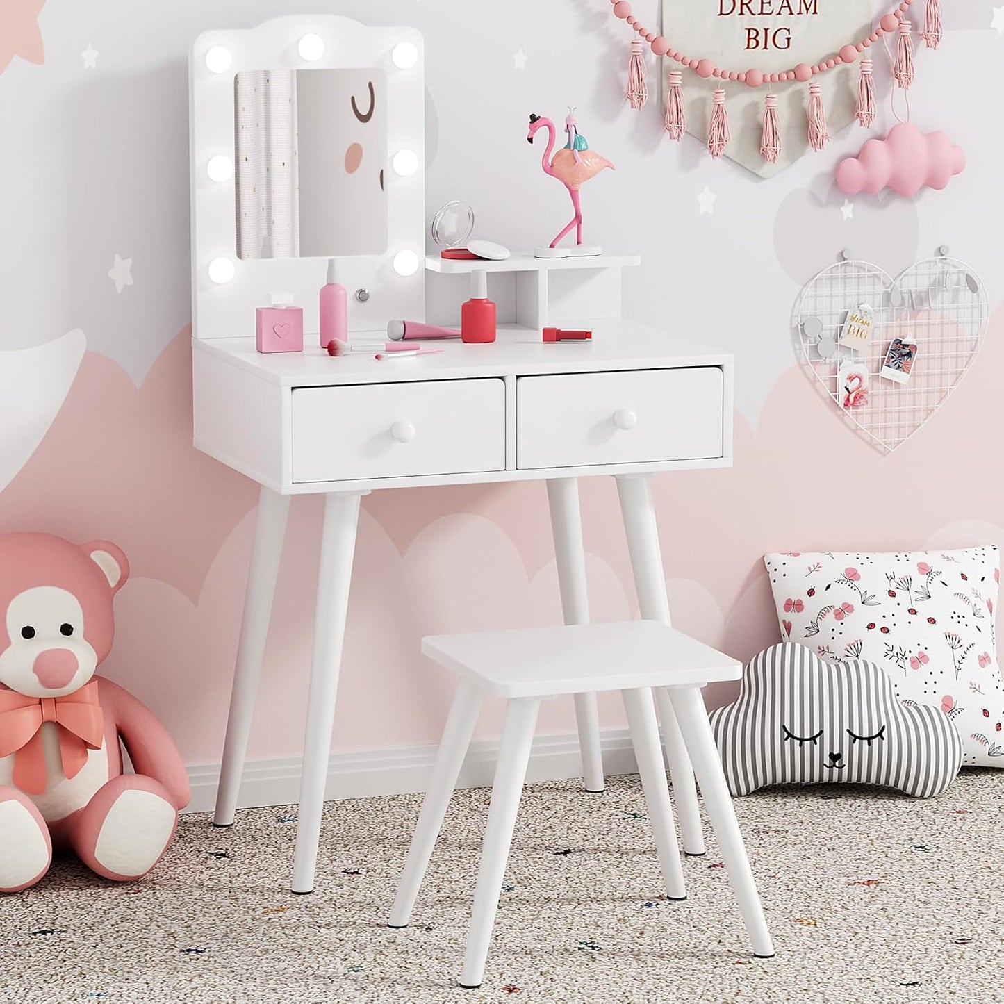 LAZY BUDDY Kids Vanity Set with Lights, Toddler Vanity Table with Mirror and Stool, Wooden Makeup Dressing Table for Children 3+