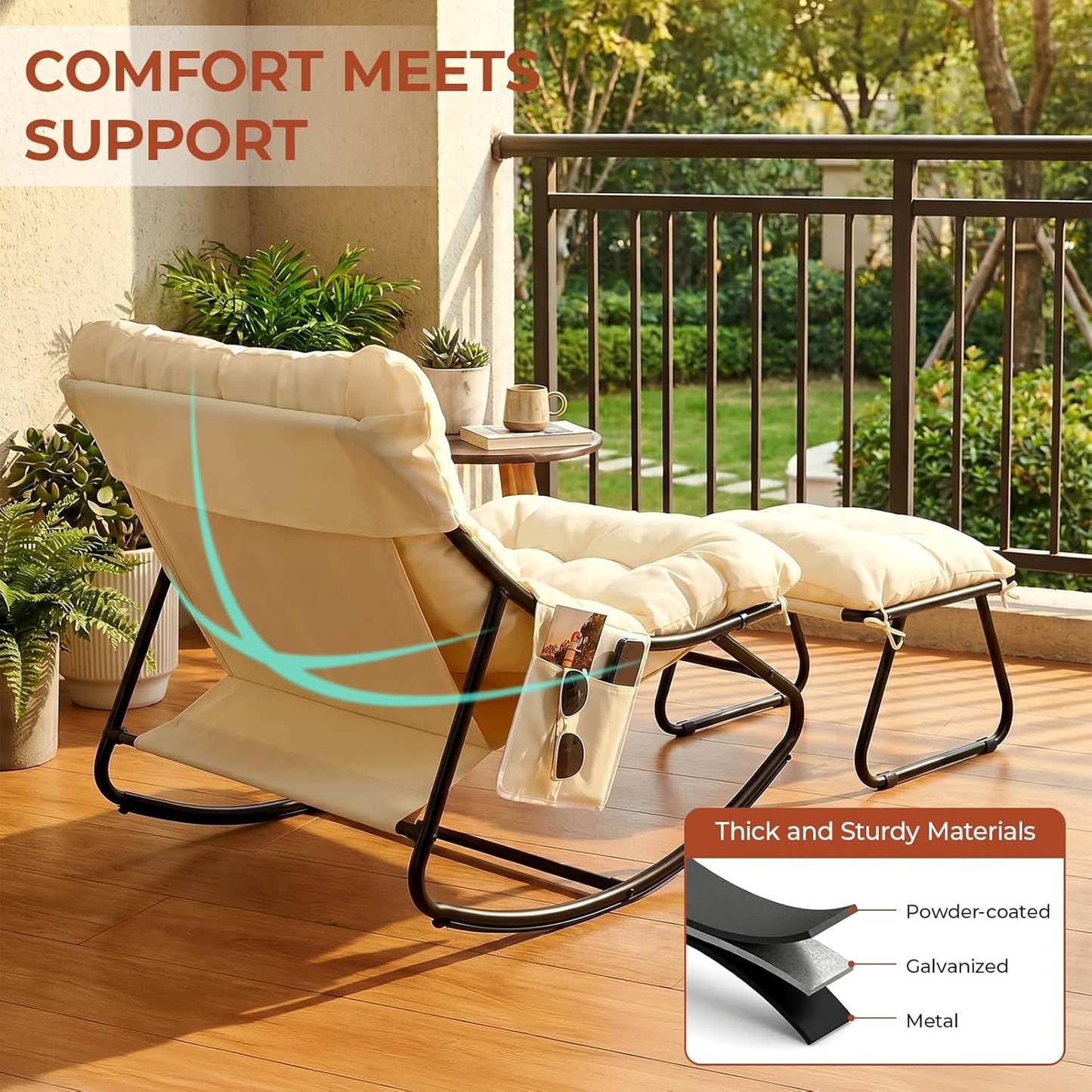 LAZY BUDDY Large Papasan Rocking Chair with Ottoman, Patio Lounge Chair Rocker with 7.4'' Thick Cushion, for Indoor Outdoor Use