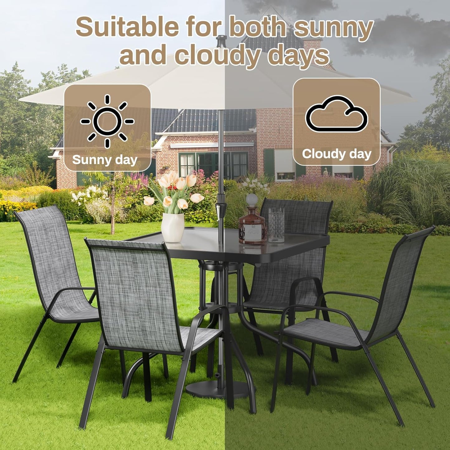 LAZY BUDDY 5-Piece Patio Dining Set, All Weather Outdoor Table with 4 Stackable Chairs for Garden Backyard Deck