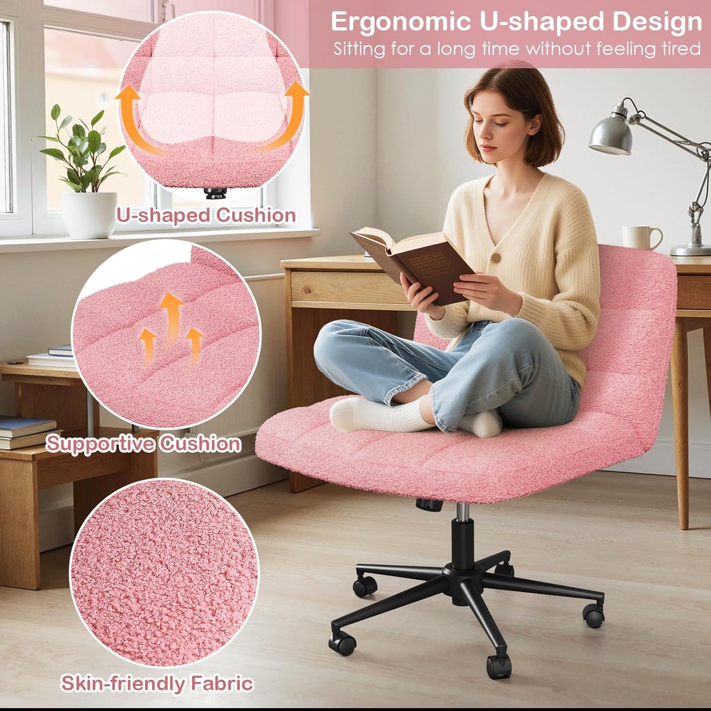LAZY BUDDY Office Chair, Armless Criss Cross Legged Chair with Wheels, Comfy Home Vanity Task Computer Chair, Adjustable Height