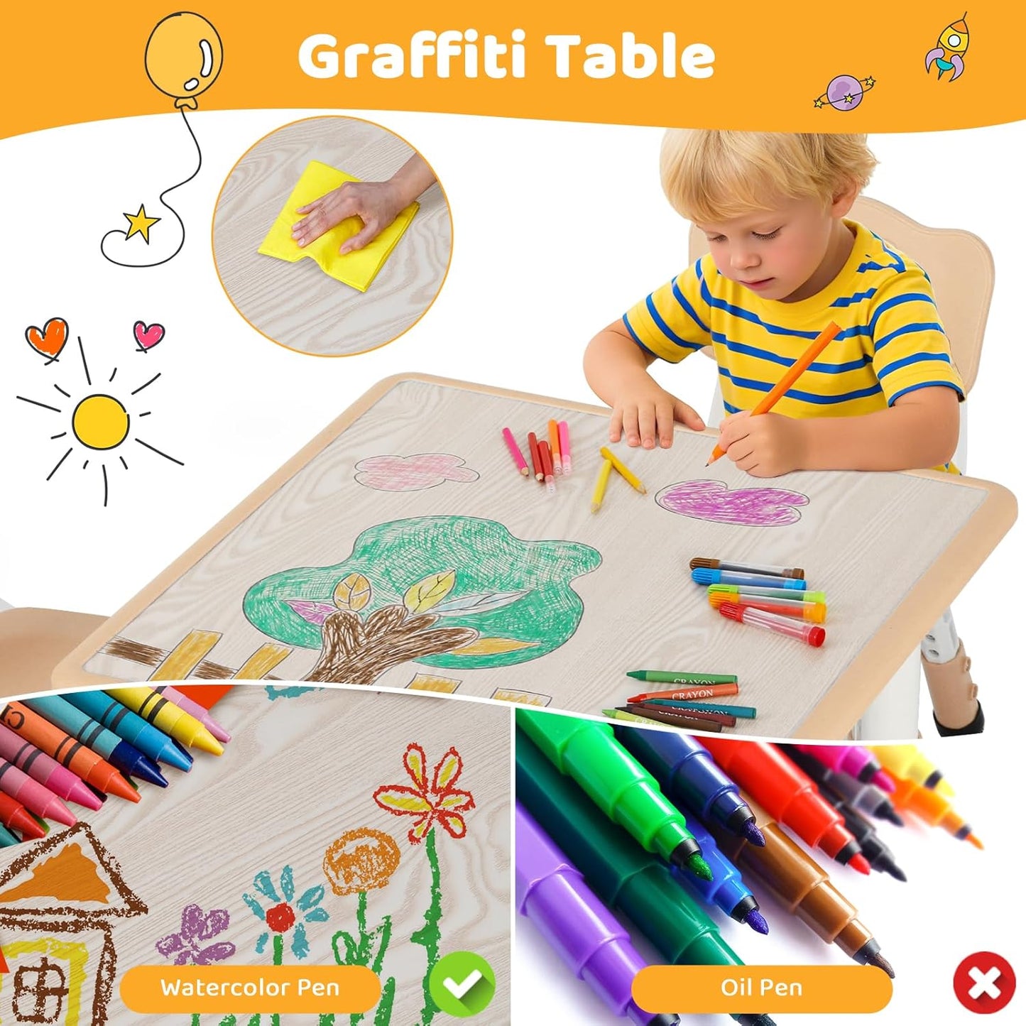 LAZY BUDDY Kids Table and 2 Chairs Set, Height Adjustable Toddler Play Activity Table with Graffiti Desktop for Playroom, Daycare