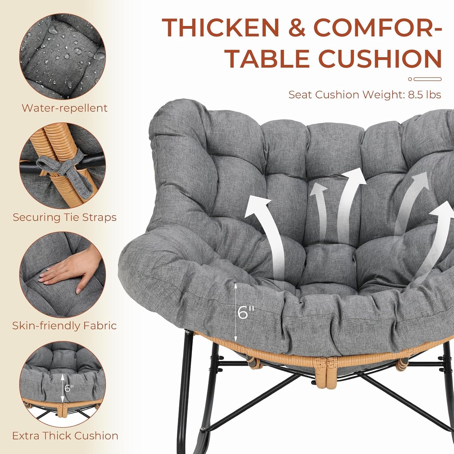 LAZY BUDDY Outdoor Rocking Chair with Ottoman, Oversized Papasan Rocking Chair with Thick Cushion, Indoor Outdoor Cozy Rocker for Balcony, Living Room, Patio