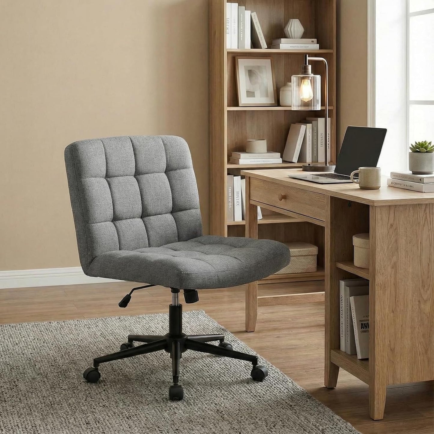 LAZY BUDDY Office Chair, Armless Criss Cross Legged Chair with Wheels, Comfy Home Vanity Task Computer Chair, Adjustable Height