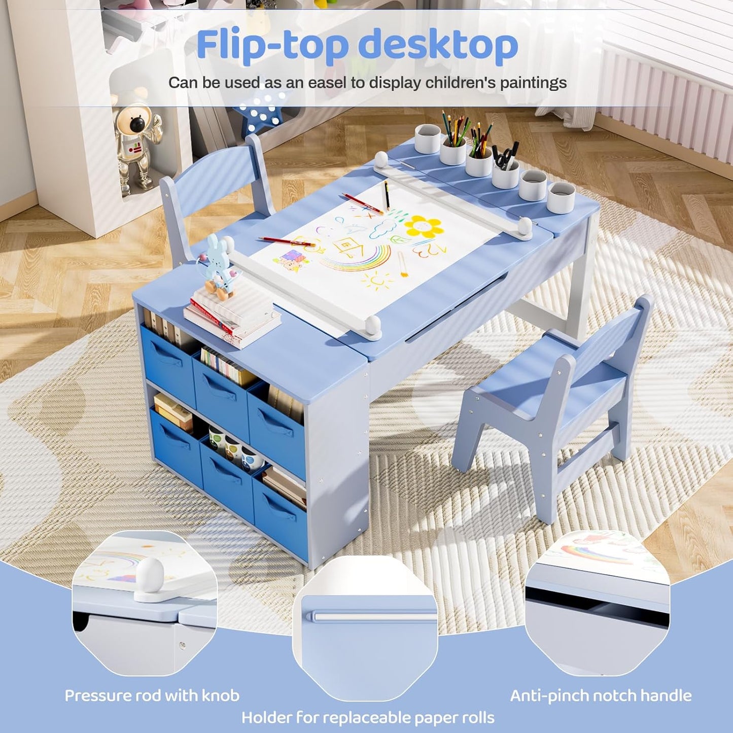 LAZY BUDDY Kids Art Table and Chairs Set, 2-in-1 Easel & Kids Craft Table and Chairs with Storage Bins, Paint Cups and Paper Roll