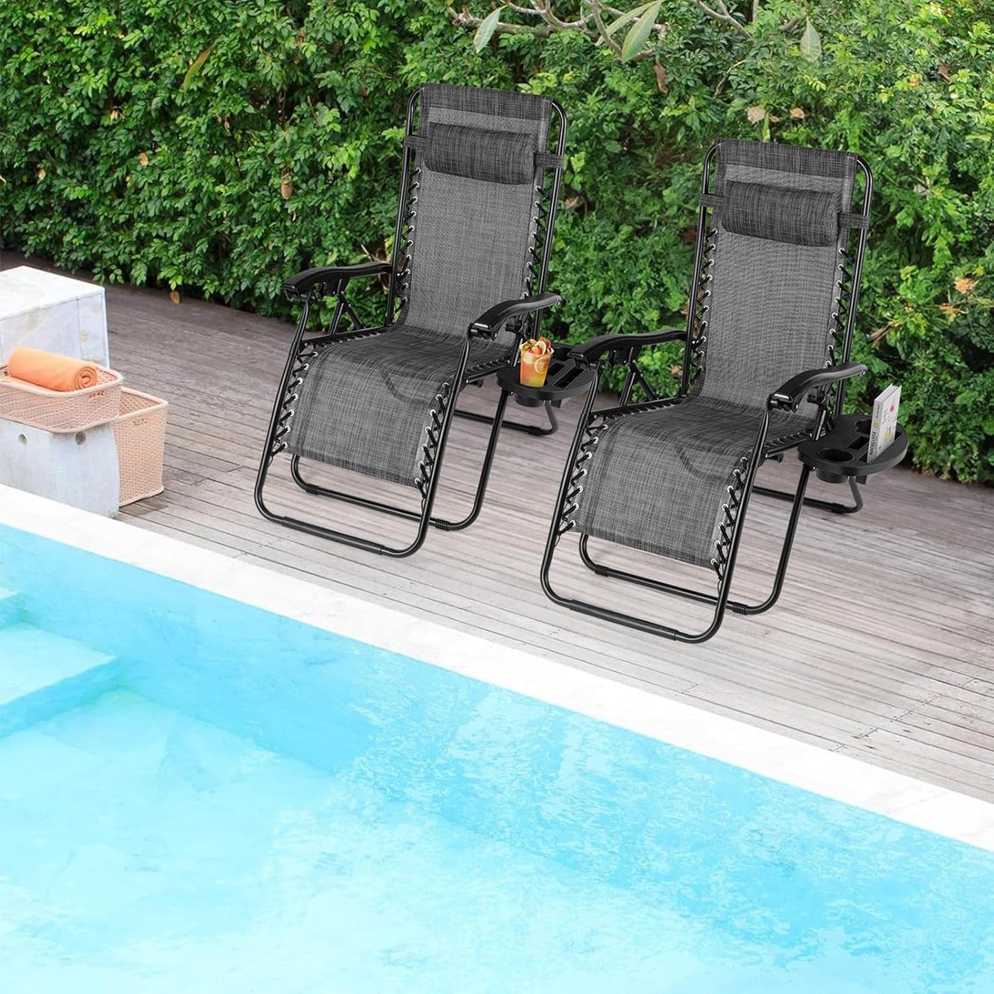 LAZY BUDDY Zero Gravity Chair Set of 2, Outdoor Folding Lounge with Detachable Headrest & Holder Tray, Adjustable Textilene Lawn Reclining, No Assembly Required, for Patio, Backyard, Garden, 330LBS