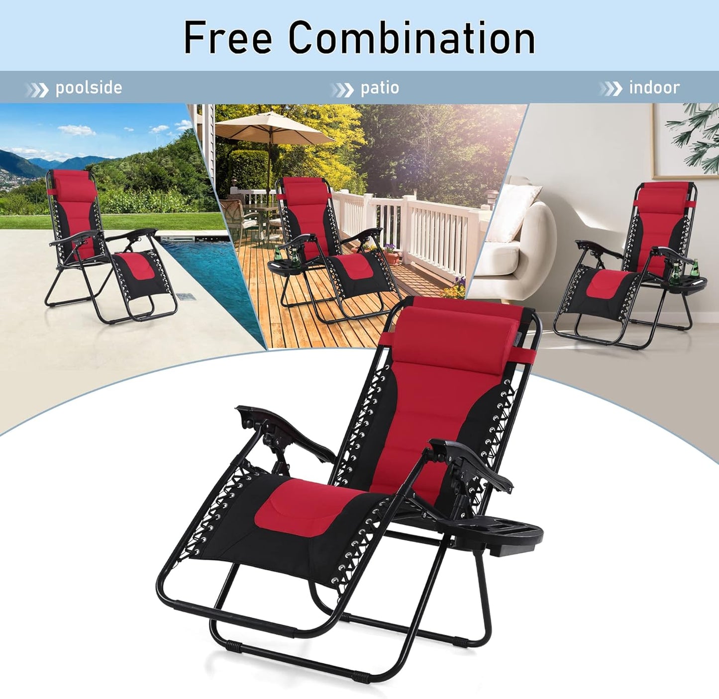 LAZY BUDDY Oversized Padded Zero Gravity Lounge Chairs Set, 2pcs Folding Patio Recliner with Adjustable Headrest & Tray