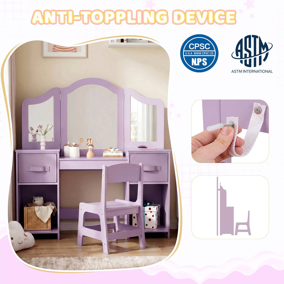 LAZY BUDDY Kids Vanity Set, 2 in 1 Princess Makeup Desk and Chair Set with Canvas Drawers Tri-Folding Detachable Mirror Large Storage Shelves, Wooden Dressing Table, Pretend Play Vanity Set