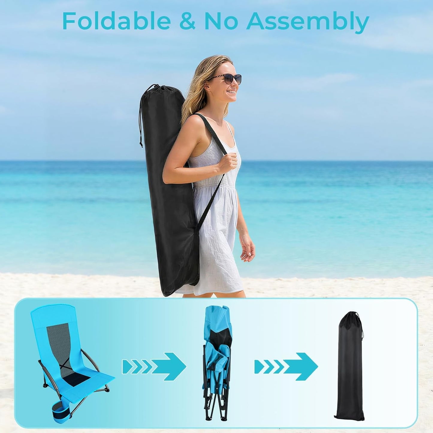 LAZY BUDDY High Back Beach Chair Set of 2, Portable Folding Low Seat Chair for Camping, Beach, Outdoor Concert, 350lbs
