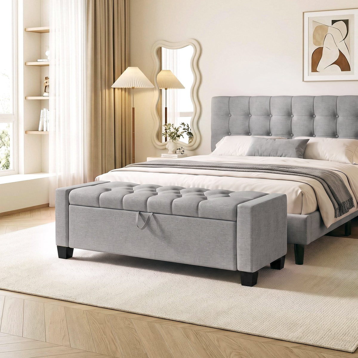LAZY BUDDY 48'' Ottoman with Storage, Upholstered Storage Ottoman Bench with Safety Hinge, for Bedroom, Living Room, Entryway