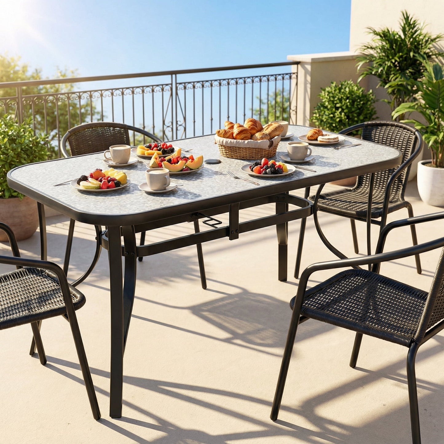 LAZY BUDDY Patio Table with 1.69'' Umbrella Hole, Rectangular Outdoor Dining Table with Tempered Glass Tabletop for 6, for Balcony Garden Deck