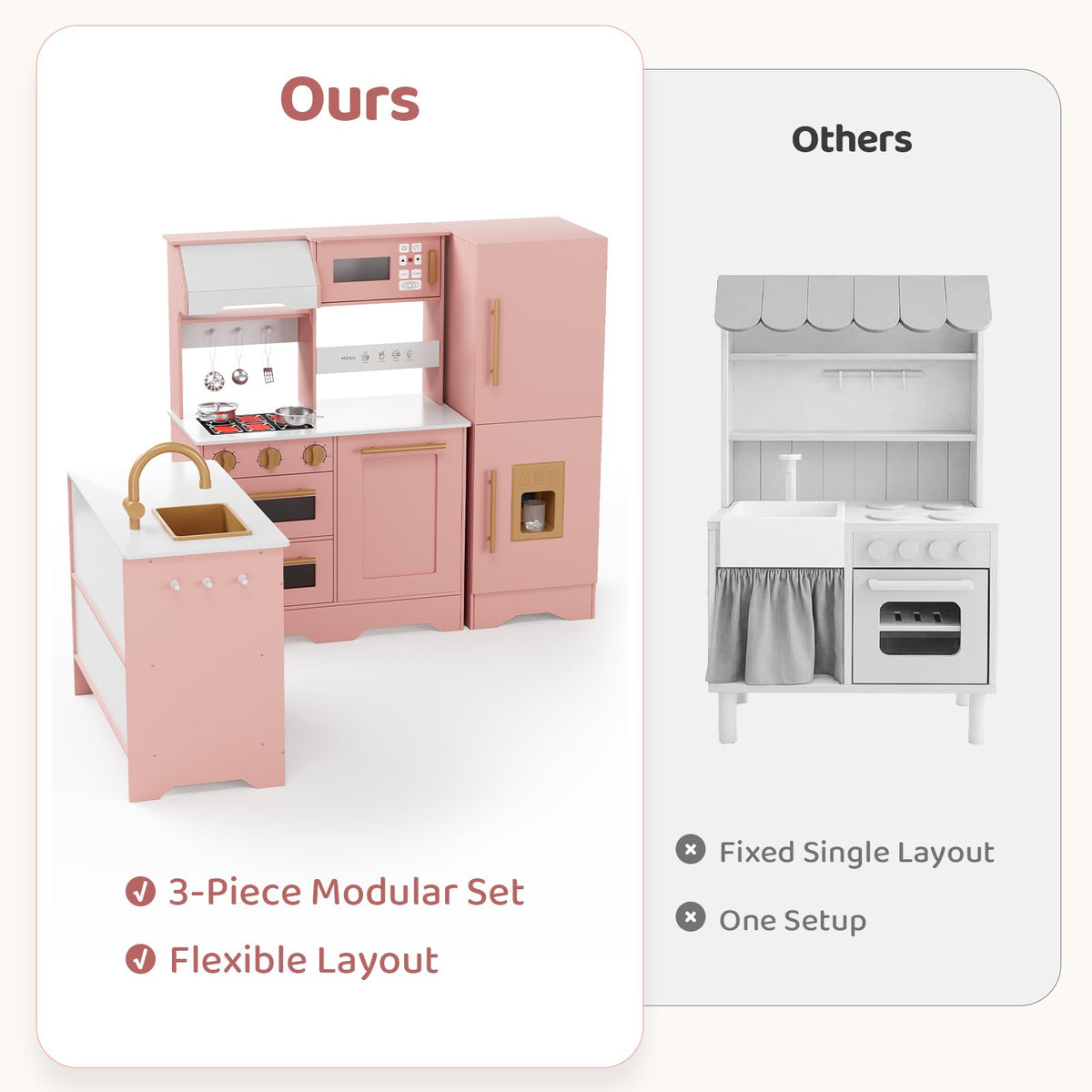 LAZY BUDDY Wooden Pretend Play Kitchen for Kids, 3-Piece Modular Kitchen Playset Toddler Interactive Toy Gift