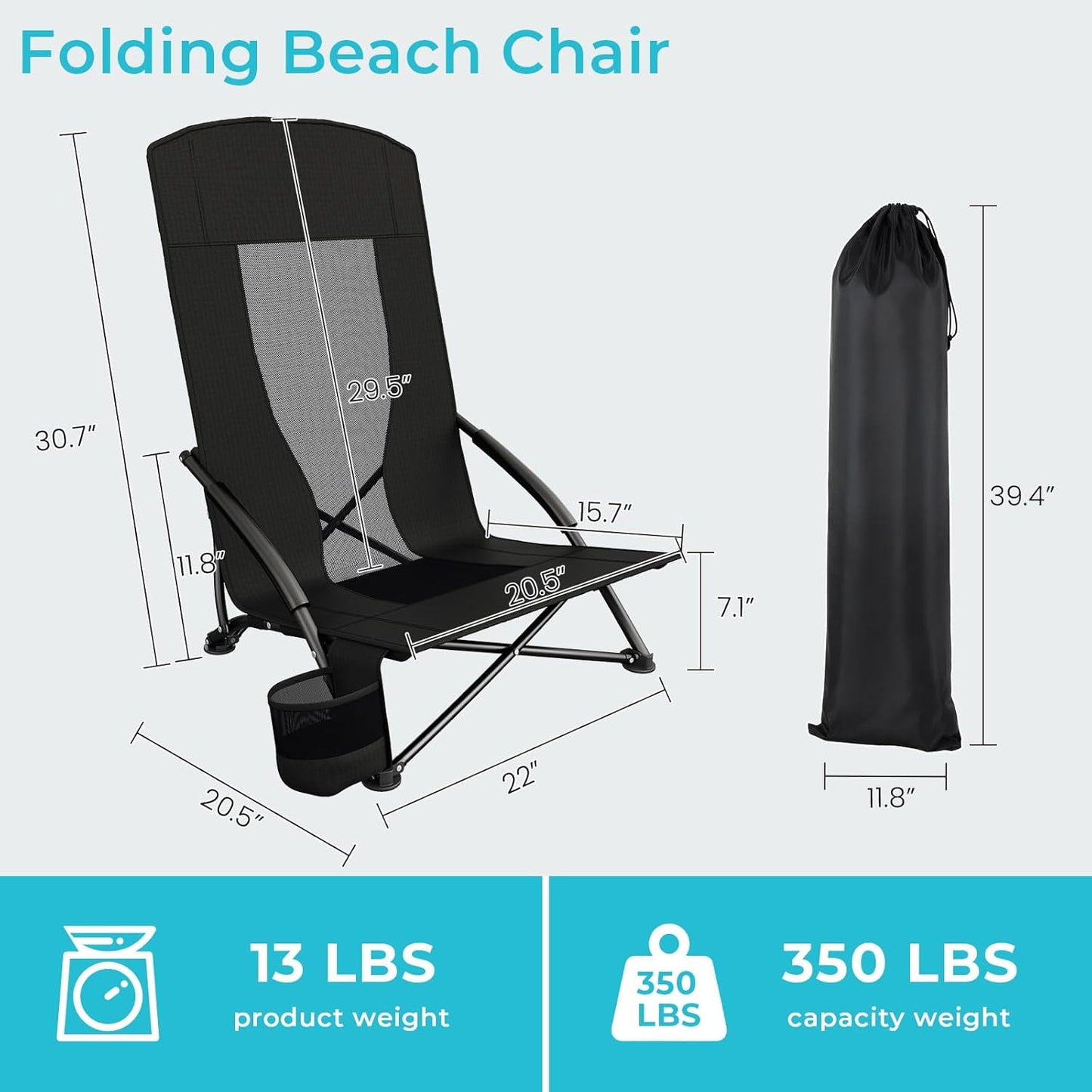 LAZY BUDDY High Back Beach Chair Set of 2, Portable Folding Low Seat Chair for Camping, Beach, Outdoor Concert, 350lbs