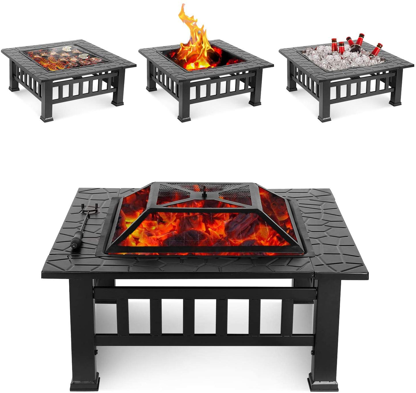 LAZY BUDDY Steel Fire Pits for Outside, 32'' Square Wood Burning Fire Pit Table, Outdoor Patio BBQ Firepit Bonfire Party