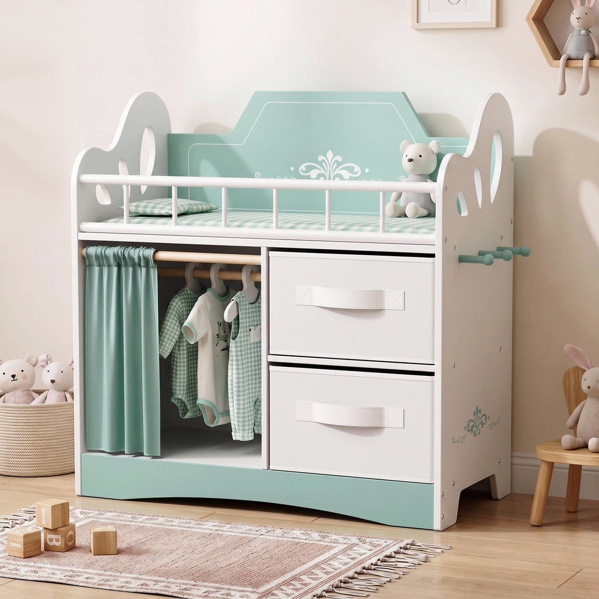 LAZY BUDDY Baby Doll Cirb, Wooden Doll Bed with 2 Storage Drawers, 2 Hangers, Pillow & Sheet