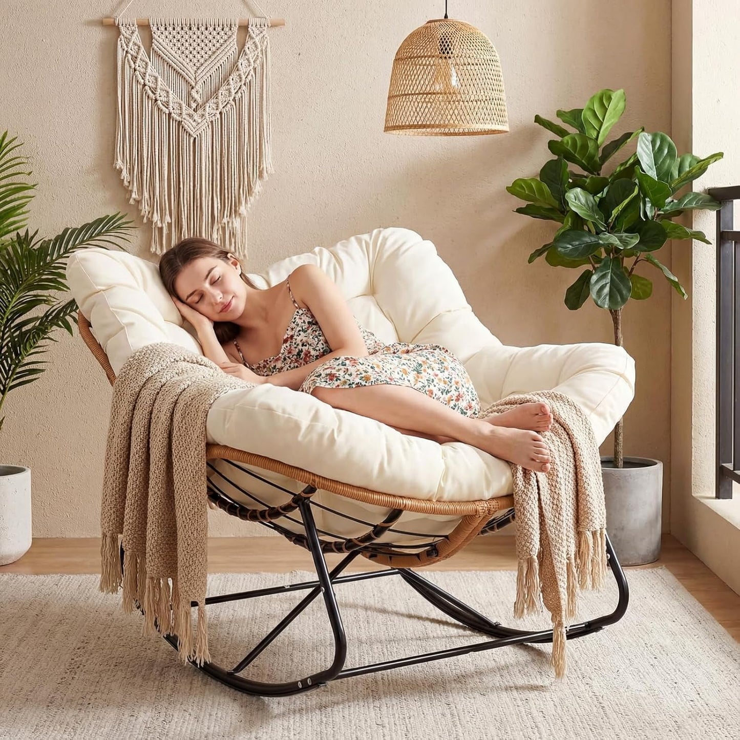 LAZY BUDDY Outdoor Papasan Rocking Chair, Oversized Lounge Chair Rocker with Thick Cushion, for Patio, Balcony, Porch and Indoor