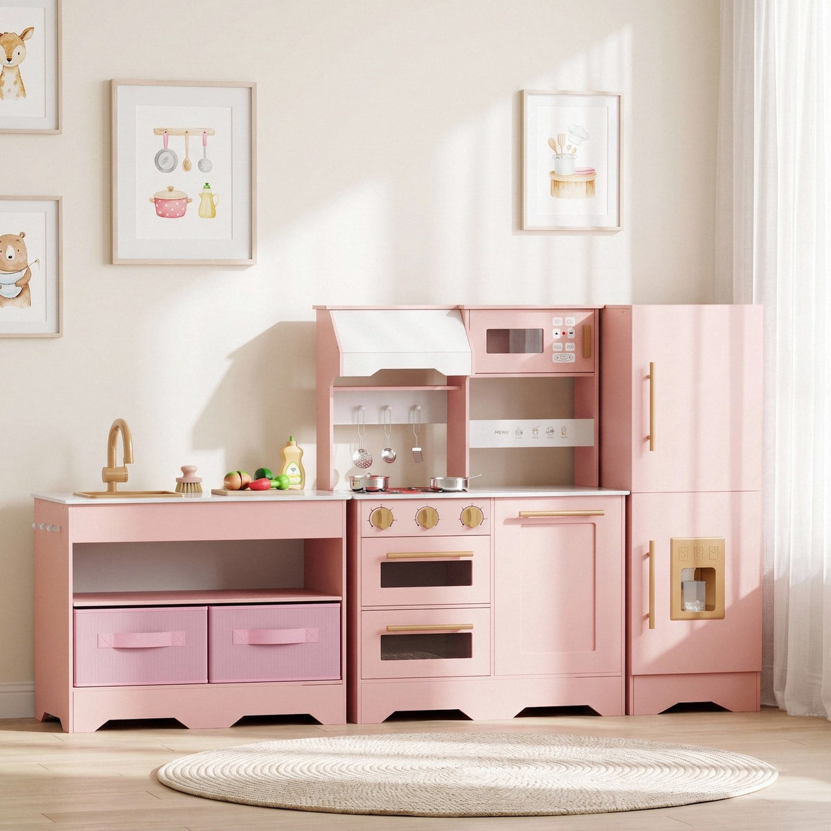 LAZY BUDDY Wooden Pretend Play Kitchen for Kids, 3-Piece Modular Kitchen Playset Toddler Interactive Toy Gift