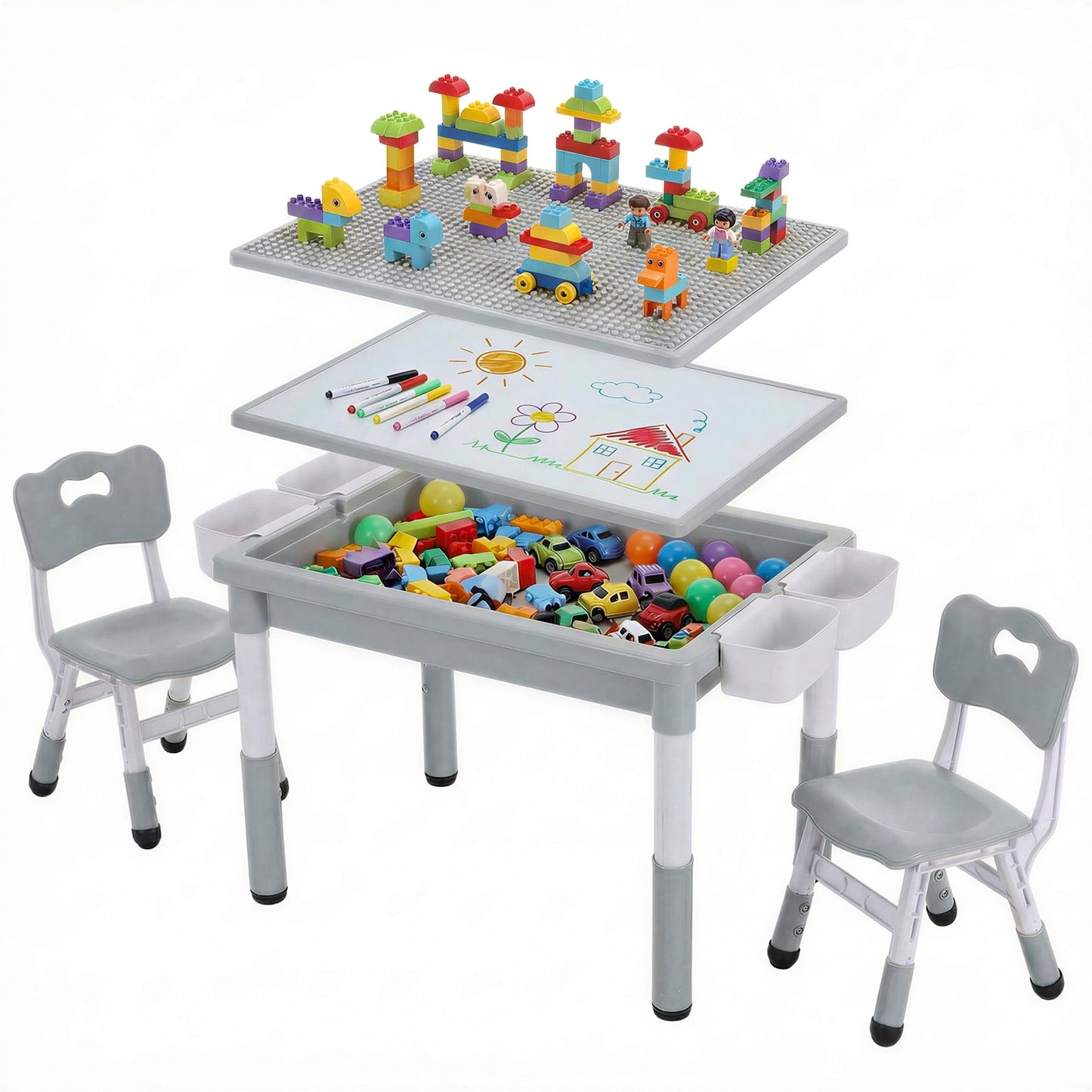 LAZY BUDDY Kids Table and Chairs Set with Storage Boxes, Height Adjustable Toddler Activity Table and 2 Chairs Set with Graffiti & Building Blocks Double-Sided Tabletop