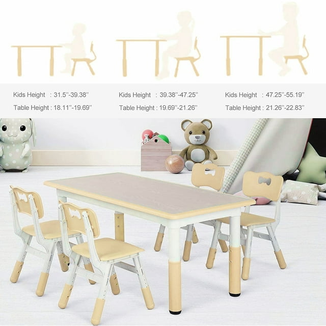 LAZY BUDDY Kids Study Table and 4 Chairs Set, Height Adjustable Plastic Children Art Desk, Multi Activity Toddler Furniture with Paintable Desktop - Multi Choices