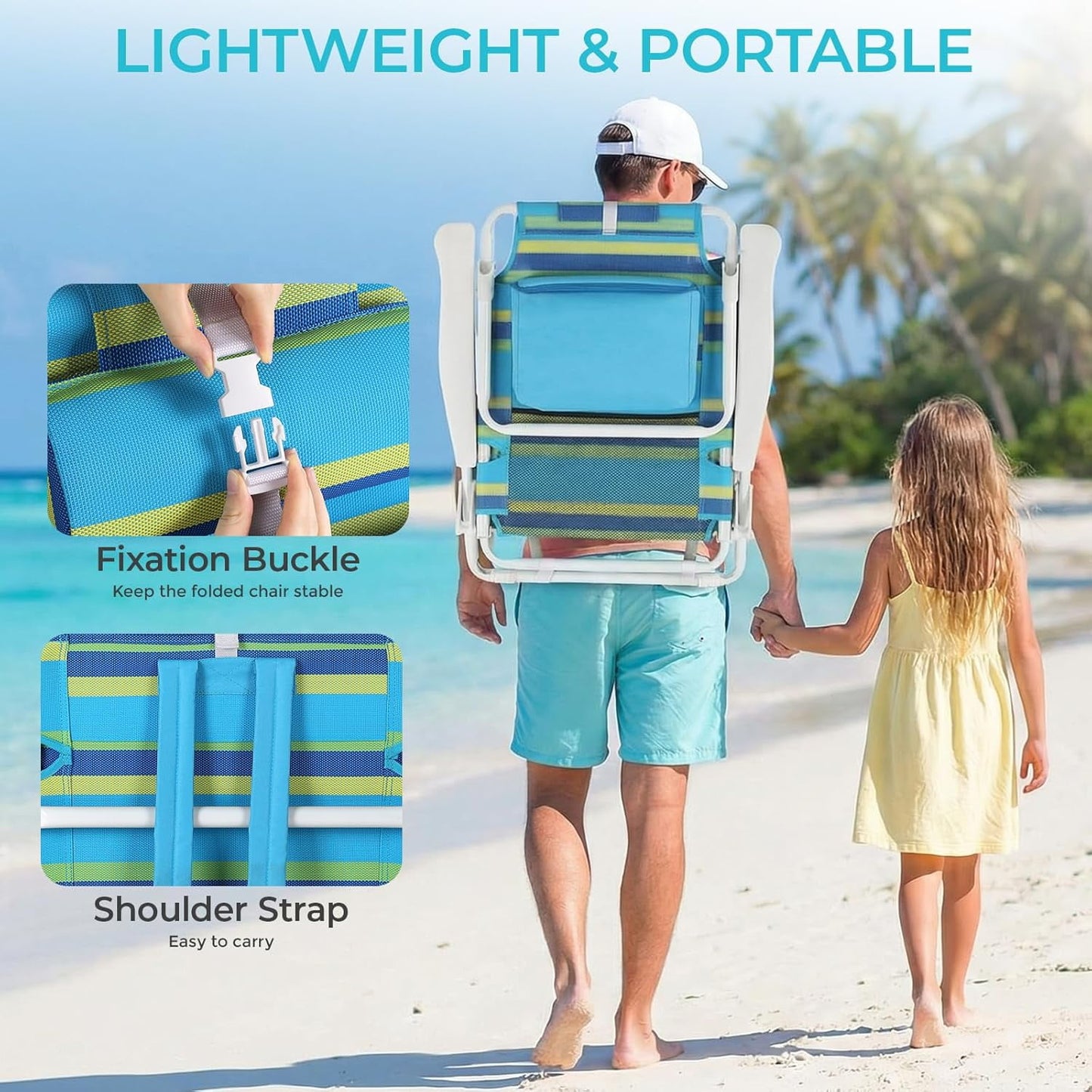 LAZY BUDDY  Low Beach Chair, Backpack Beach Chair for Adults with 5-Position, Lightweight Folding Beach Camping Chairs with Cup Holder, Storage Bag