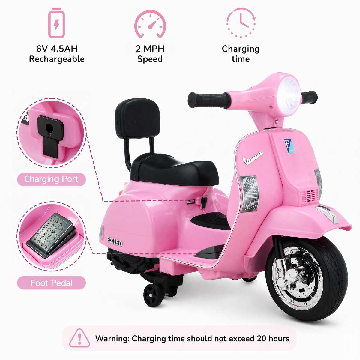 LAZY BUDDY Licensed Vespa Ride on Scooter, 6V Electric Motorcycle for Kids with Training Wheels, LED Headlight, Ride on Toy Gift for 3+