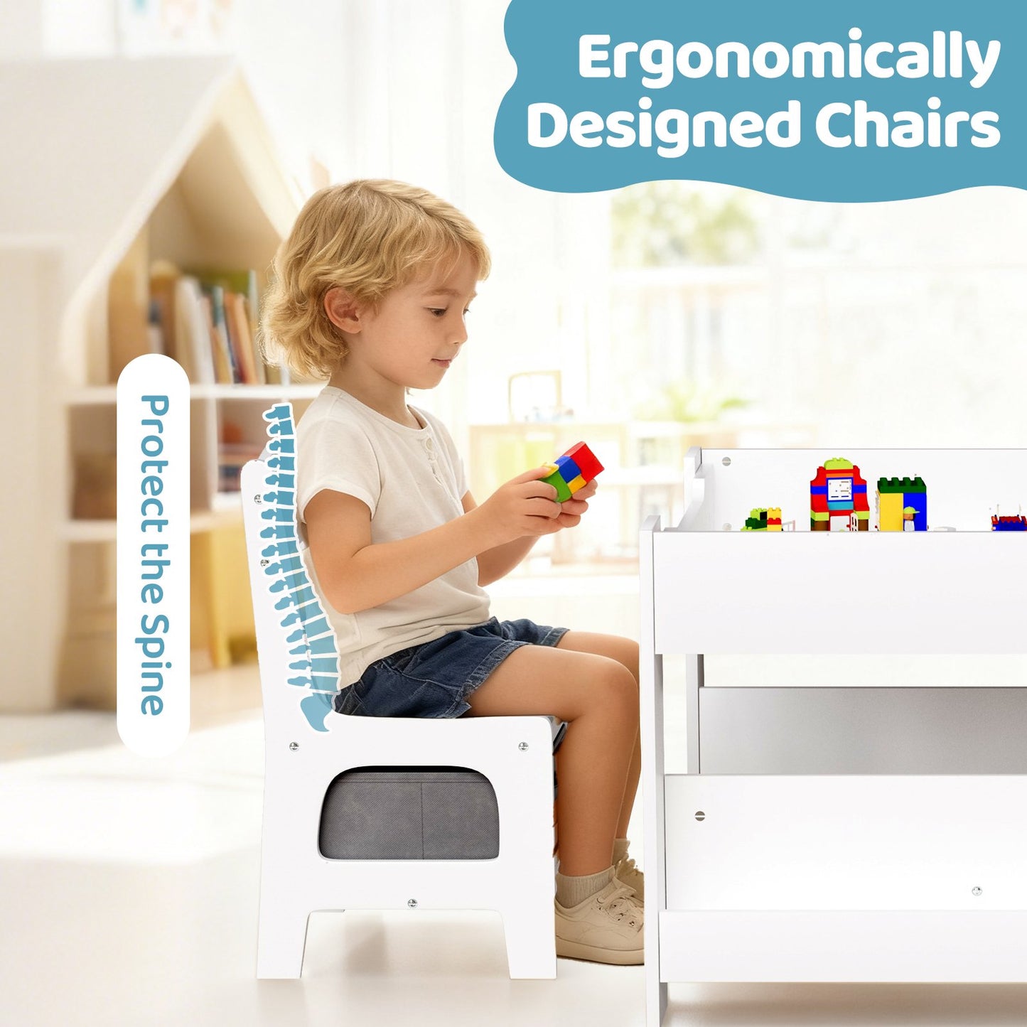 LAZY BUDDY Kids Table and Chairs Set, Toddler Desk with Storage Drawer, Wooden Activity Table Set with Detachable Tabletop, Bookshelf for Classroom/Home/Nursery