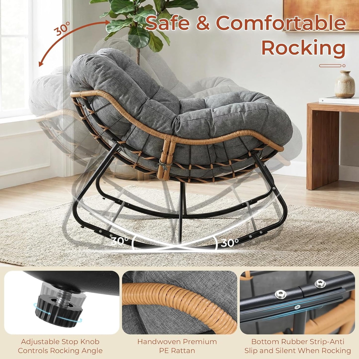 LAZY BUDDY Outdoor Papasan Rocking Chair, Oversized Lounge Chair Rocker with Thick Cushion, for Patio, Balcony, Porch and Indoor