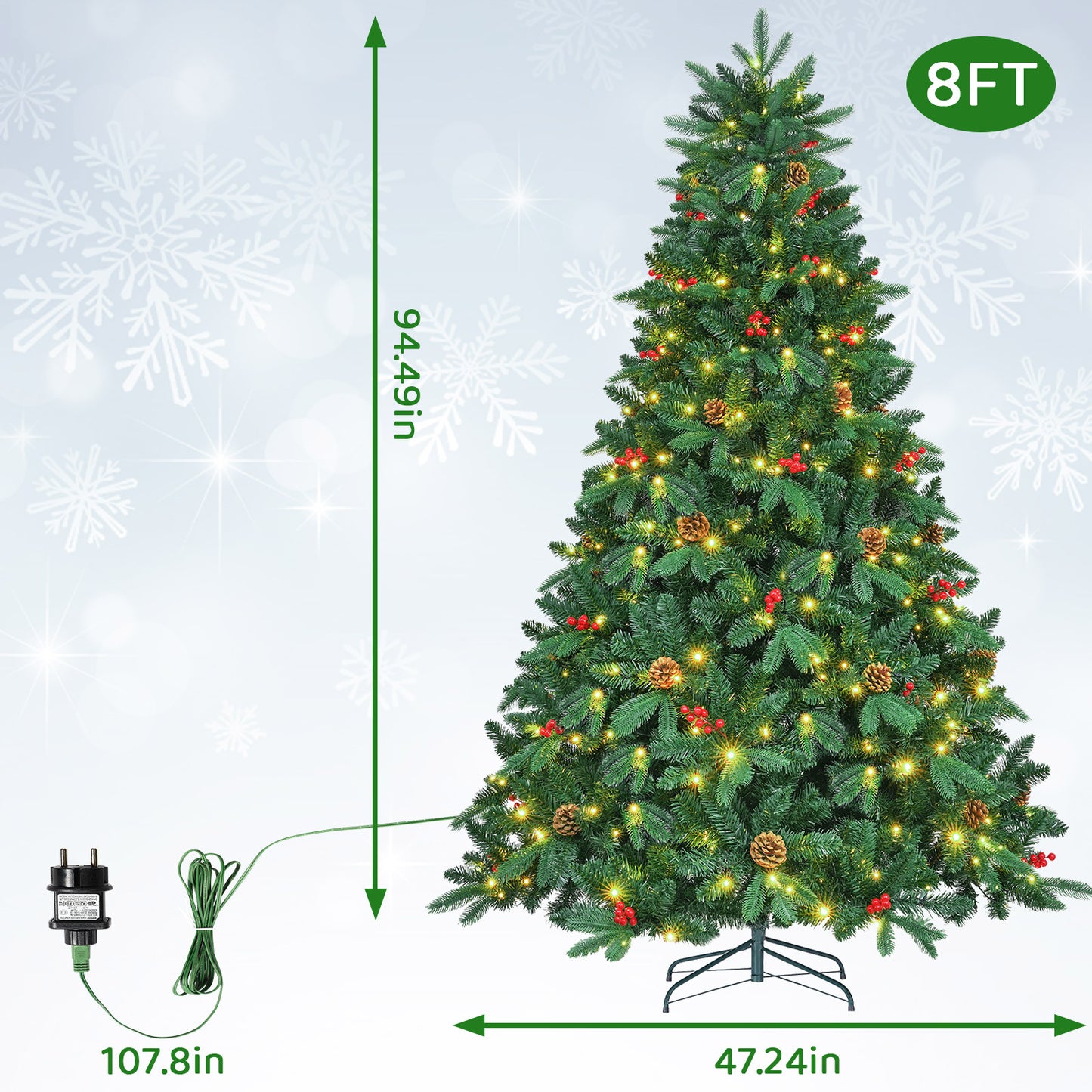 LAZY BUDDY 8/9 ft Prelit Artificial Christmas Trees, Hinged Spruce Pine Xmas Tree W/ Warm-White LED Lights, Pine Cones, Red Berries for Indoor Home Party Festival Holiday Decor