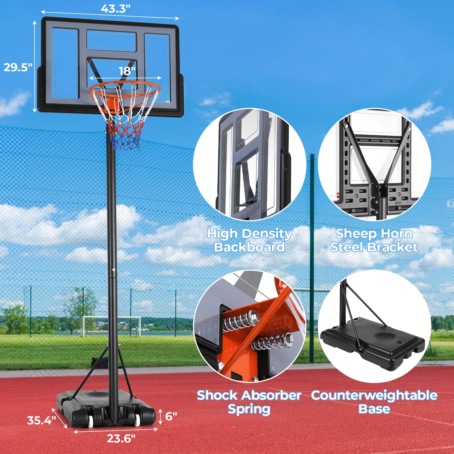 LAZY BUDDY Basketball Hoop, Outdoor Portable Basketball Goal System, 4.4-10 ft Height Adjustable for Kids Teen and Adult, with Wheels and Shatterproof