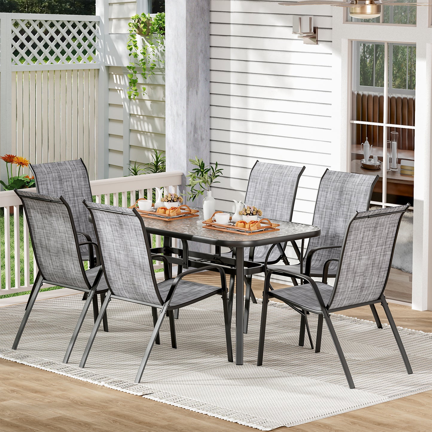 LAZY BUDDY Patio Dining Set of 7 with Umbrella Hole, Outdoor Furniture Table and 6 Textilene Chairs for Lawn, Backyard, Deck, 330LBS
