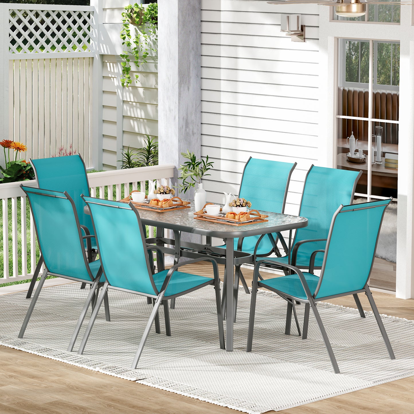 LAZY BUDDY Patio Dining Set of 7 with Umbrella Hole, Outdoor Furniture Table and 6 Textilene Chairs for Lawn, Backyard, Deck, 330LBS